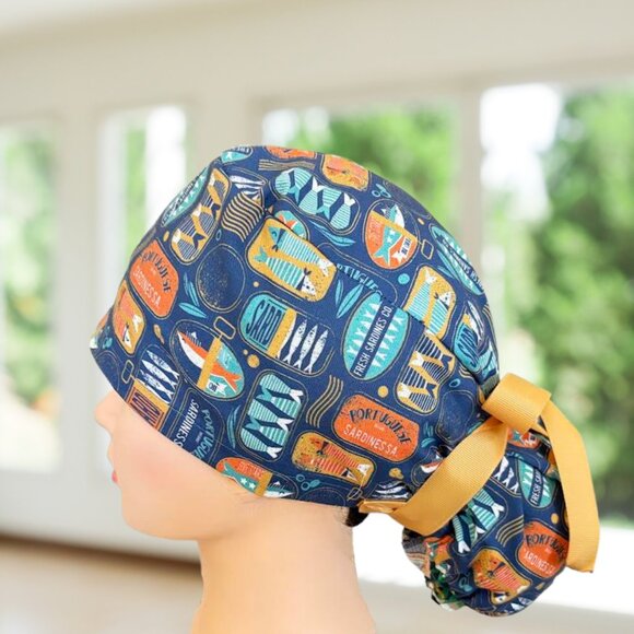 Sardines~ Ponytail Scrub Cap, Surgical Hat, OR, CNA, Cap, CRNA, Gift - Picture 3 of 5